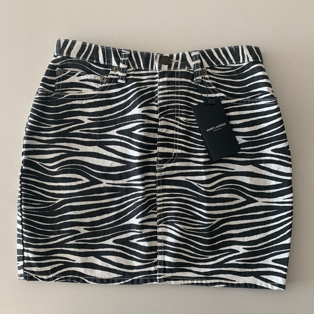 SOLD Saint Laurent Zebra Print Denim Skirt - Picture 2 of 11
